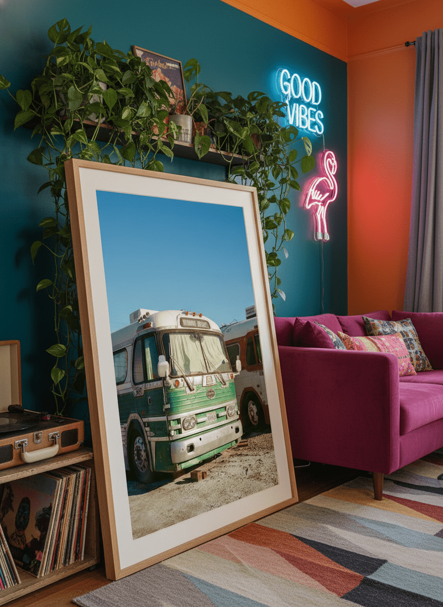 Bold wall art styled in a colourful, eclectic modern home