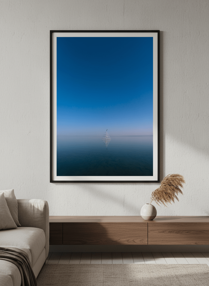 Modern wall art styled above a sofa in a neutral living room