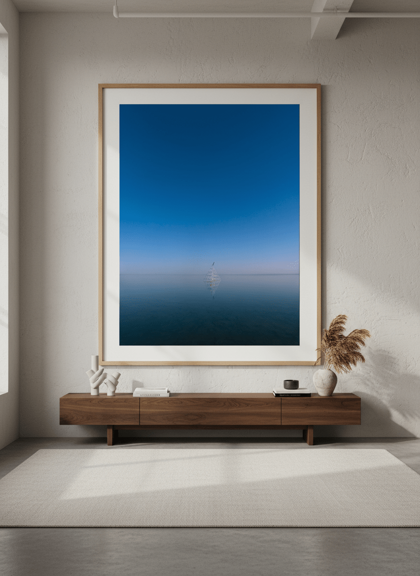 Monumental artwork centred on a feature wall in a luxe interior