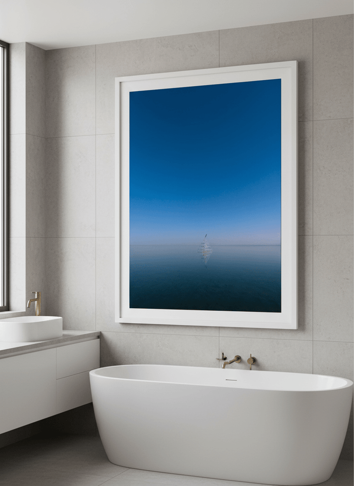 Modern print displayed in a clean minimalist bathroom setting