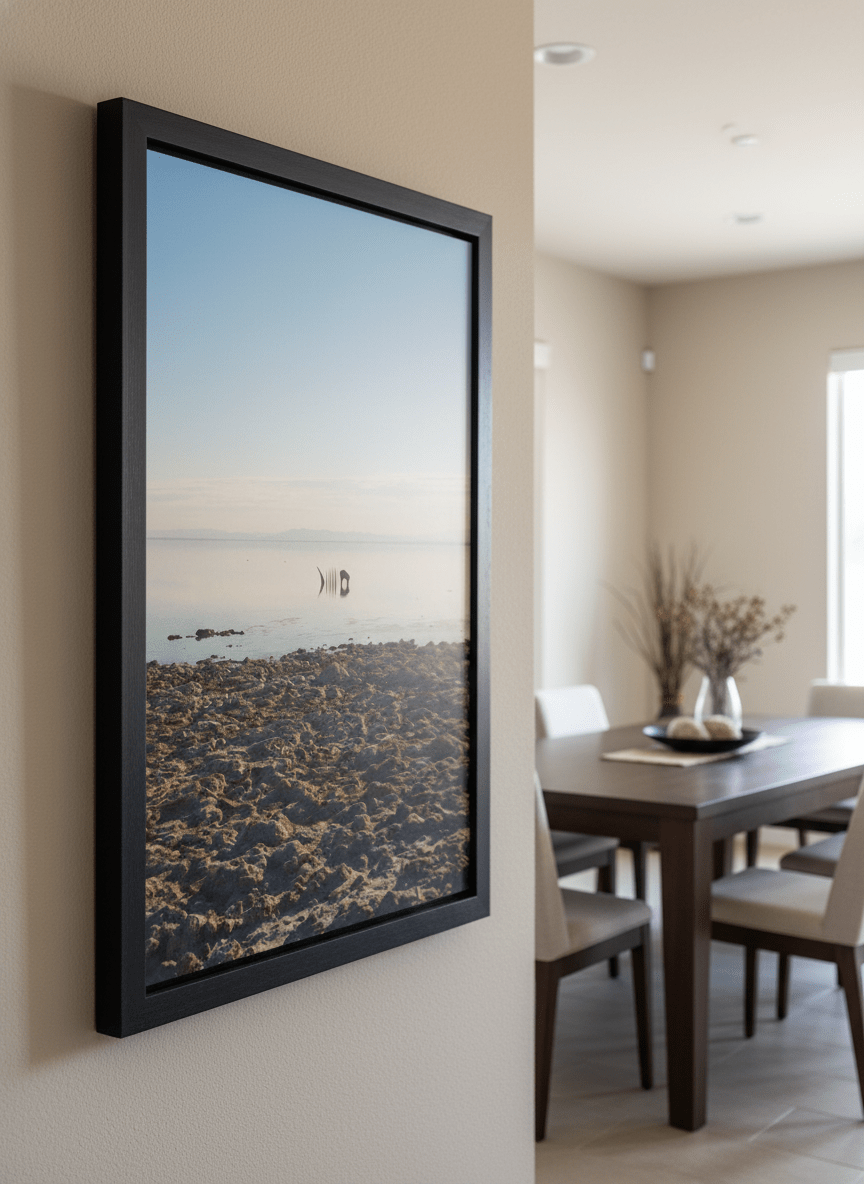 Wall art styled above a dining table in a contemporary home