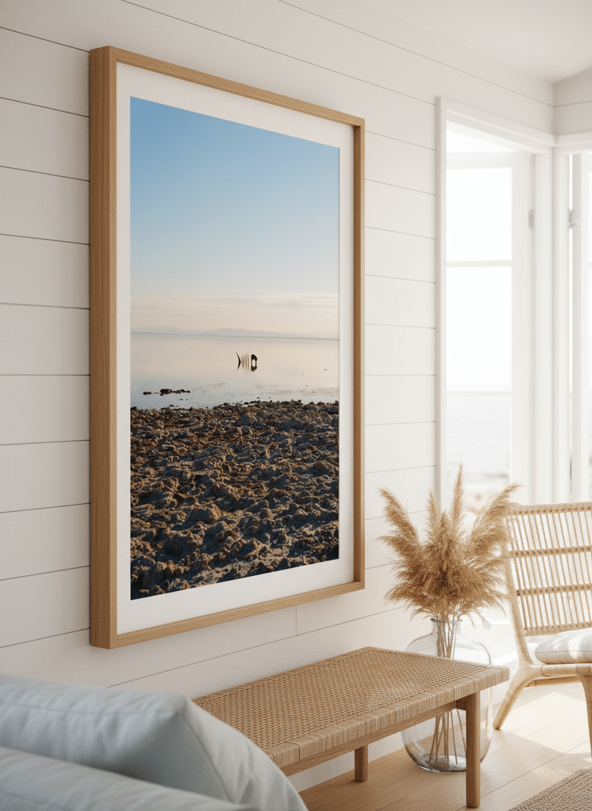 Neutral wall art displayed in a sunny coastal beach house
