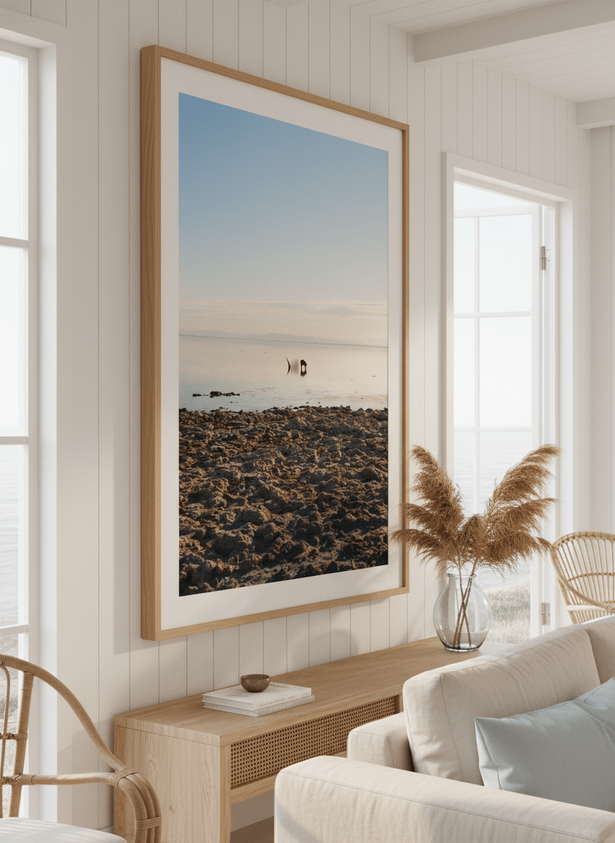 Neutral wall art displayed in a sunny coastal beach house