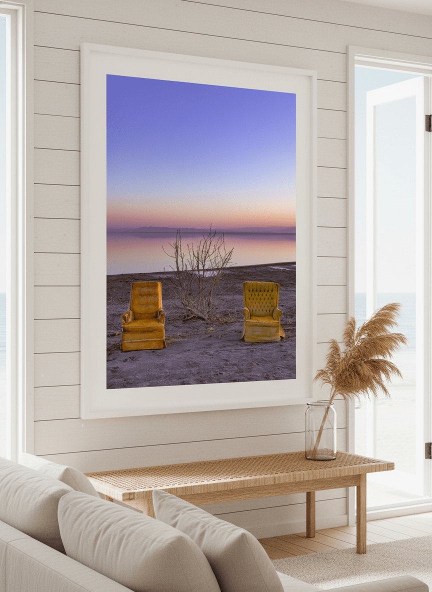 Neutral wall art displayed in a sunny coastal beach house