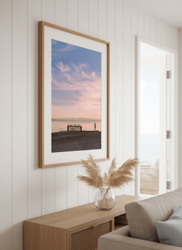 Neutral wall art displayed in a sunny coastal beach house