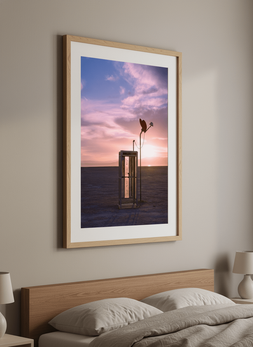 Minimalist artwork displayed in a calm, light-filled bedroom interior