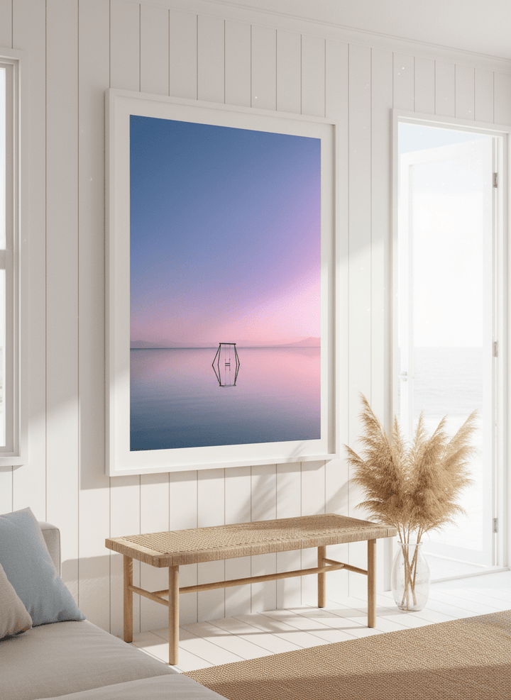 Neutral wall art displayed in a sunny coastal beach house