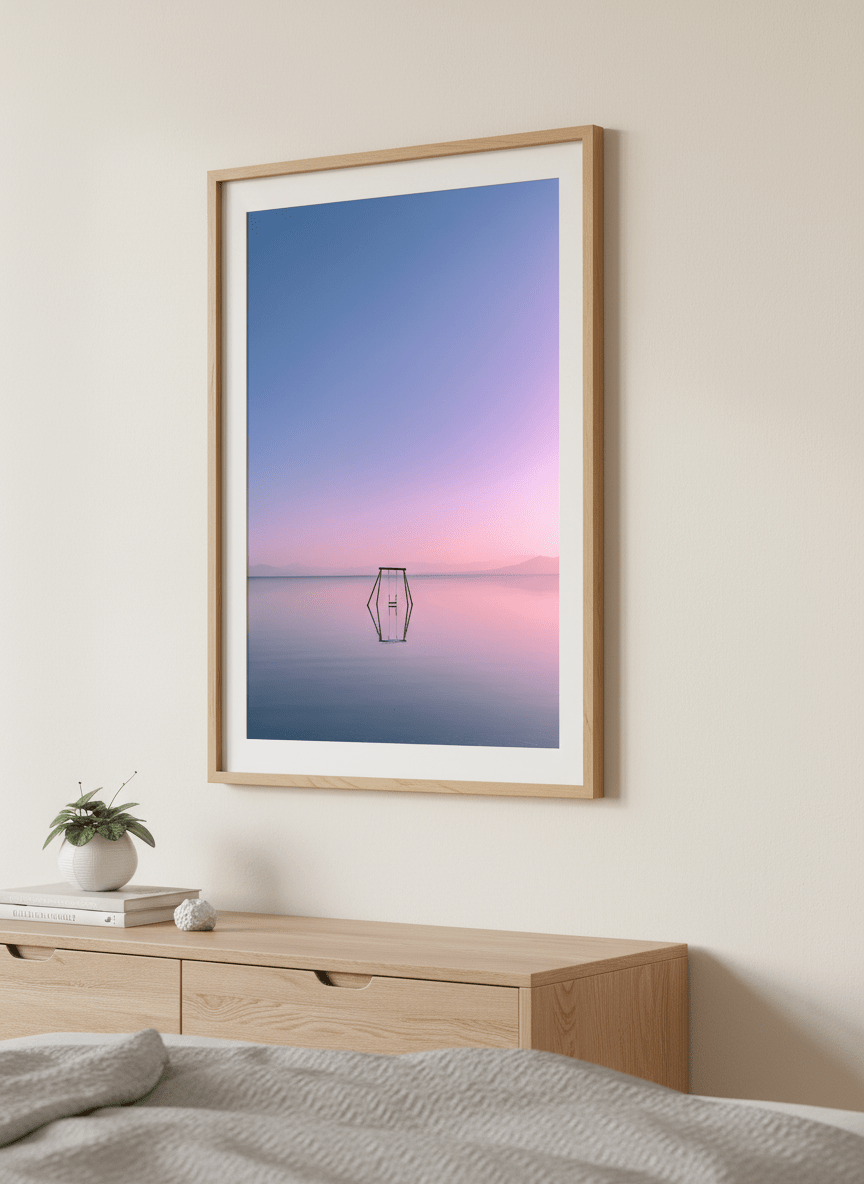 Minimalist artwork displayed in a calm, light-filled bedroom interior