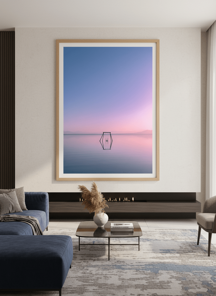 Monumental artwork centred on a feature wall in a luxe interior