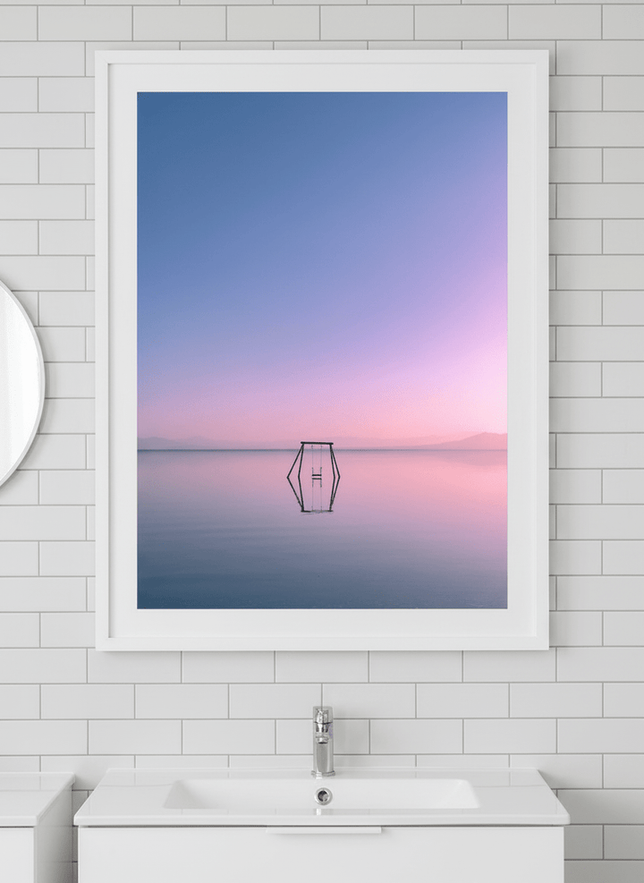 Modern print displayed in a clean minimalist bathroom setting