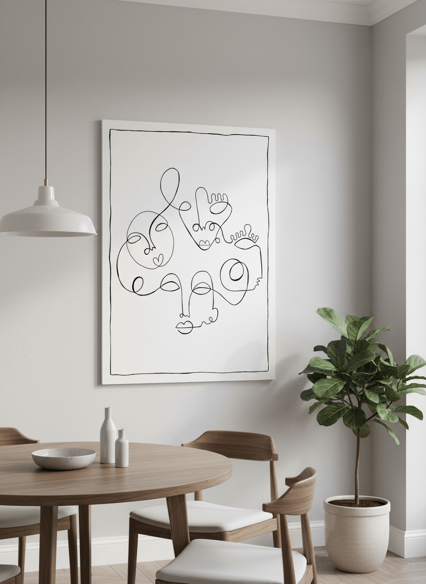 Wall art styled above a dining table in a contemporary home