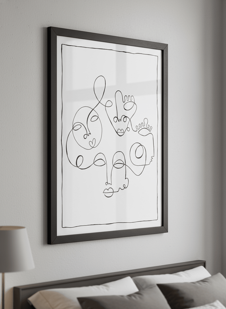Minimalist artwork displayed in a calm, light-filled bedroom interior