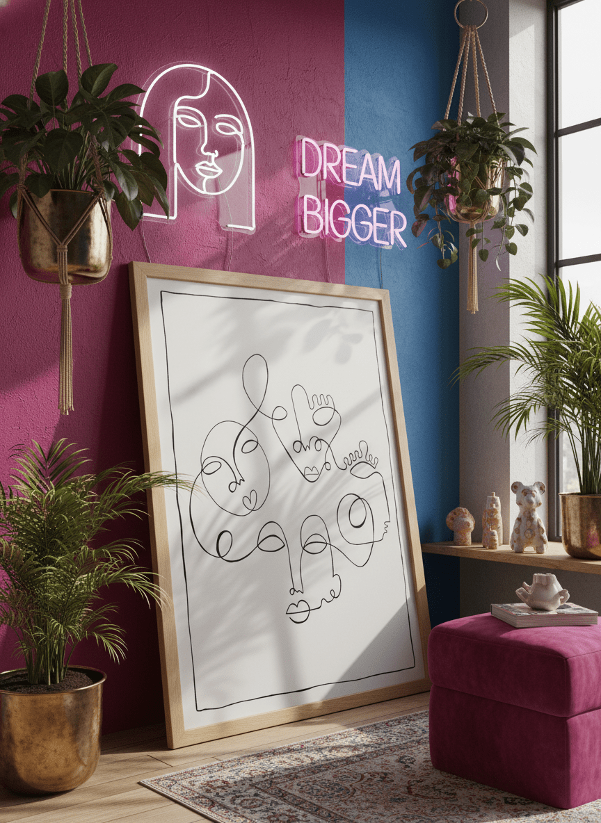 Bold wall art styled in a colourful, eclectic modern home