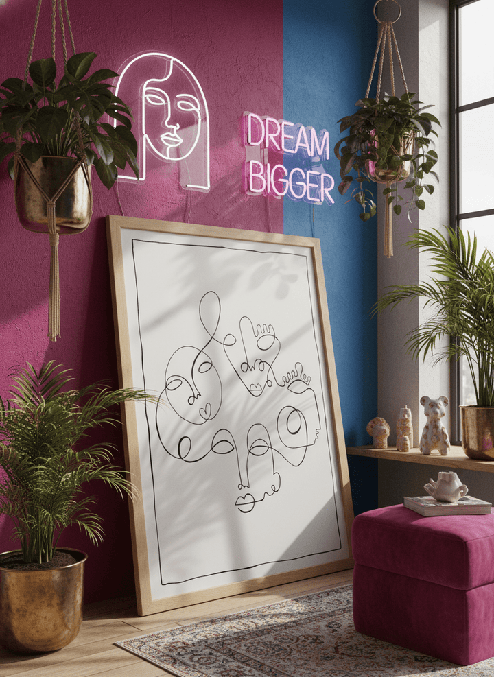 Bold wall art styled in a colourful, eclectic modern home