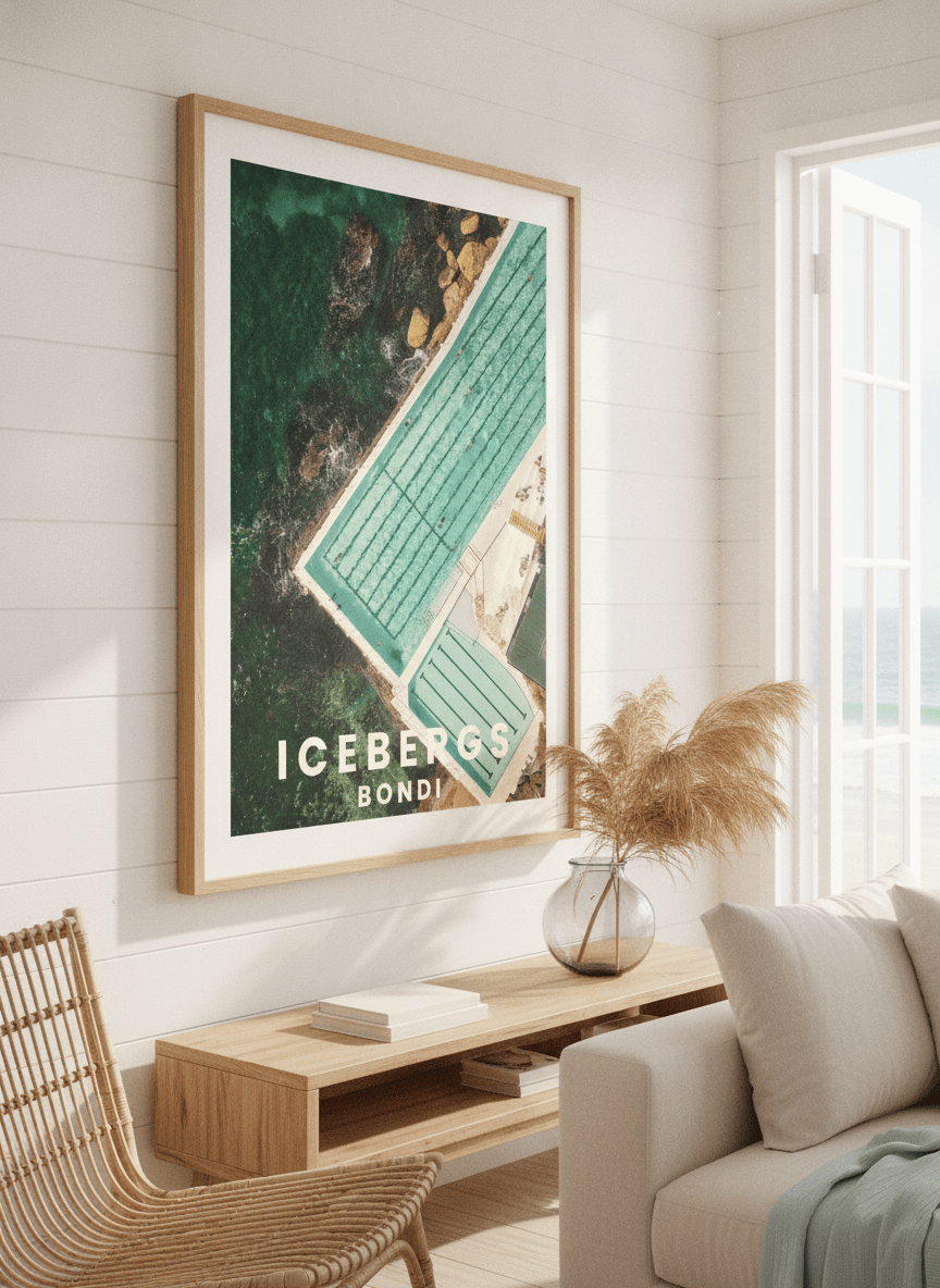 Neutral wall art displayed in a sunny coastal beach house