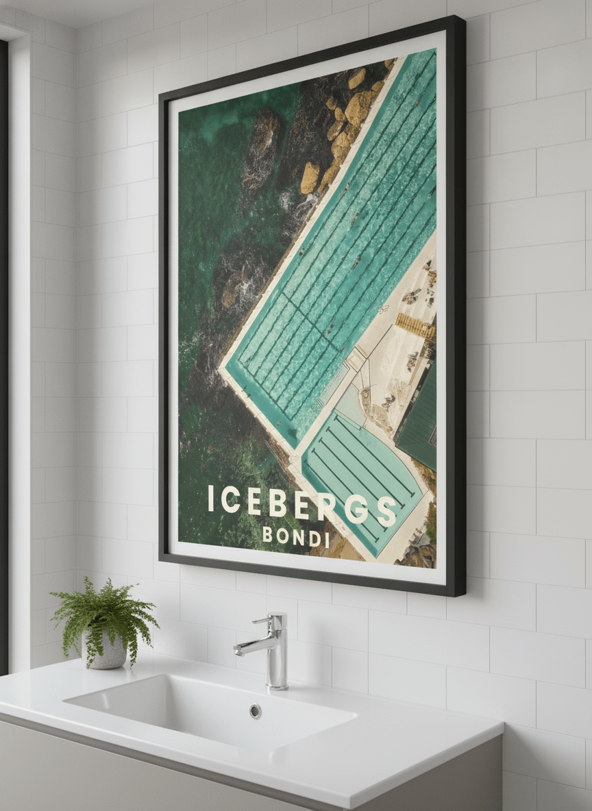 Modern print displayed in a clean minimalist bathroom setting