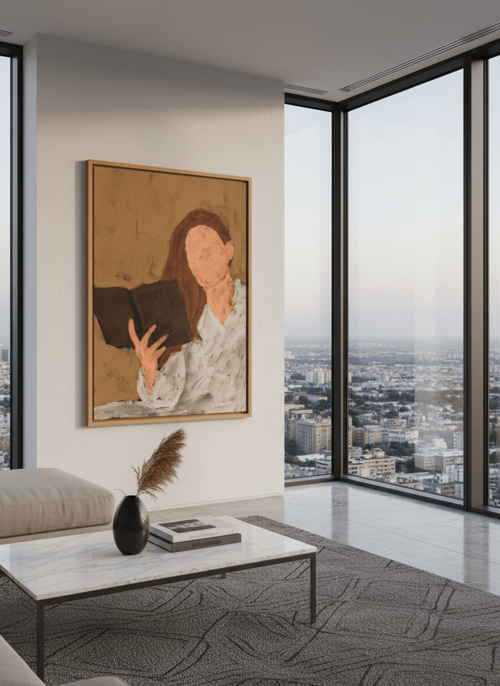 Monumental artwork centred on a feature wall in a luxe interior