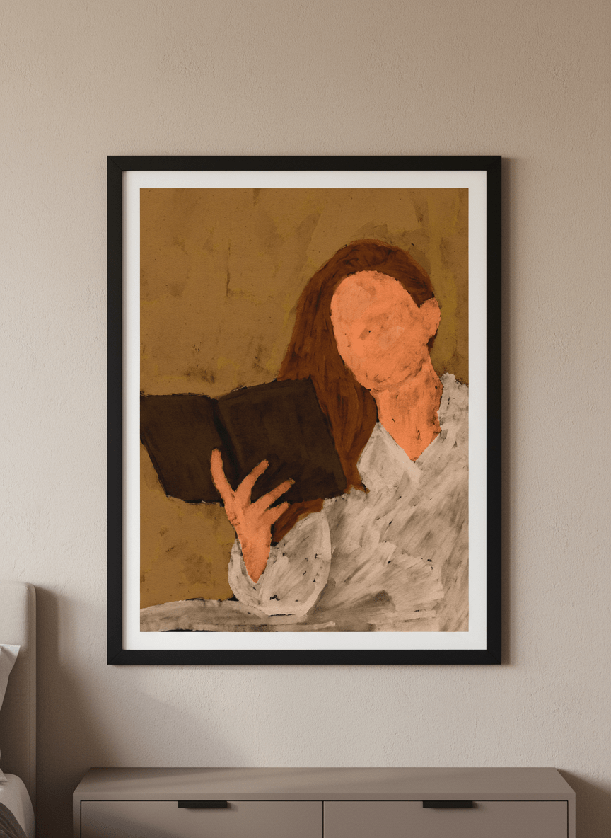 Minimalist artwork displayed in a calm, light-filled bedroom interior