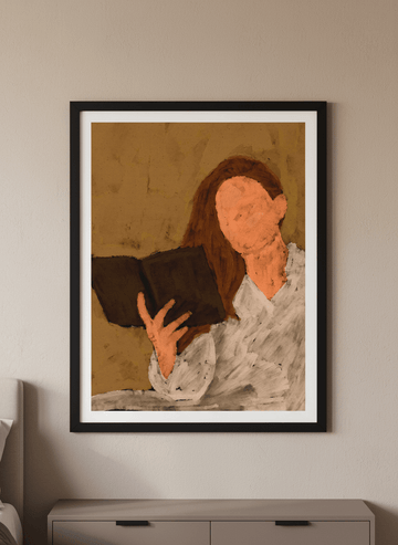 Minimalist artwork displayed in a calm, light-filled bedroom interior