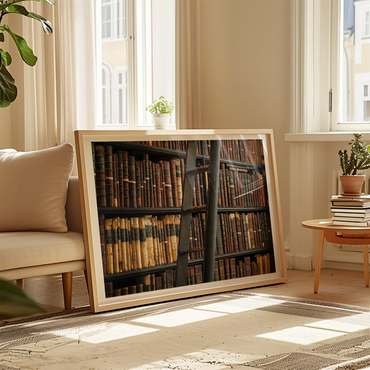 artwork of a bookshelf in a living room setting with a couch and plants.