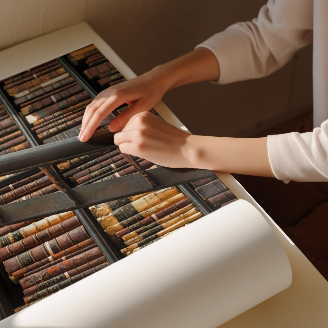 Person interacting with a wooden puzzle on a table
