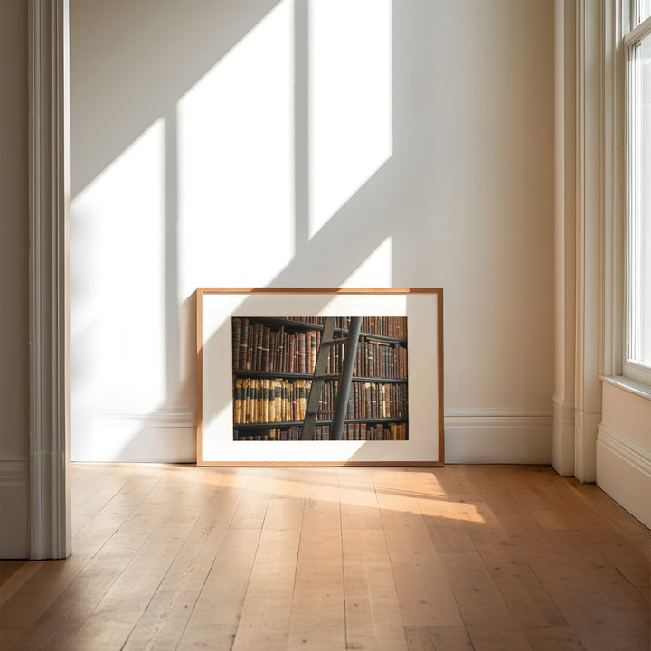 artwork on a wall in a room with sunlight streaming through windows