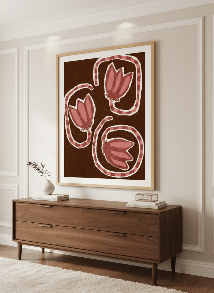 Monumental artwork centred on a feature wall in a luxe interior