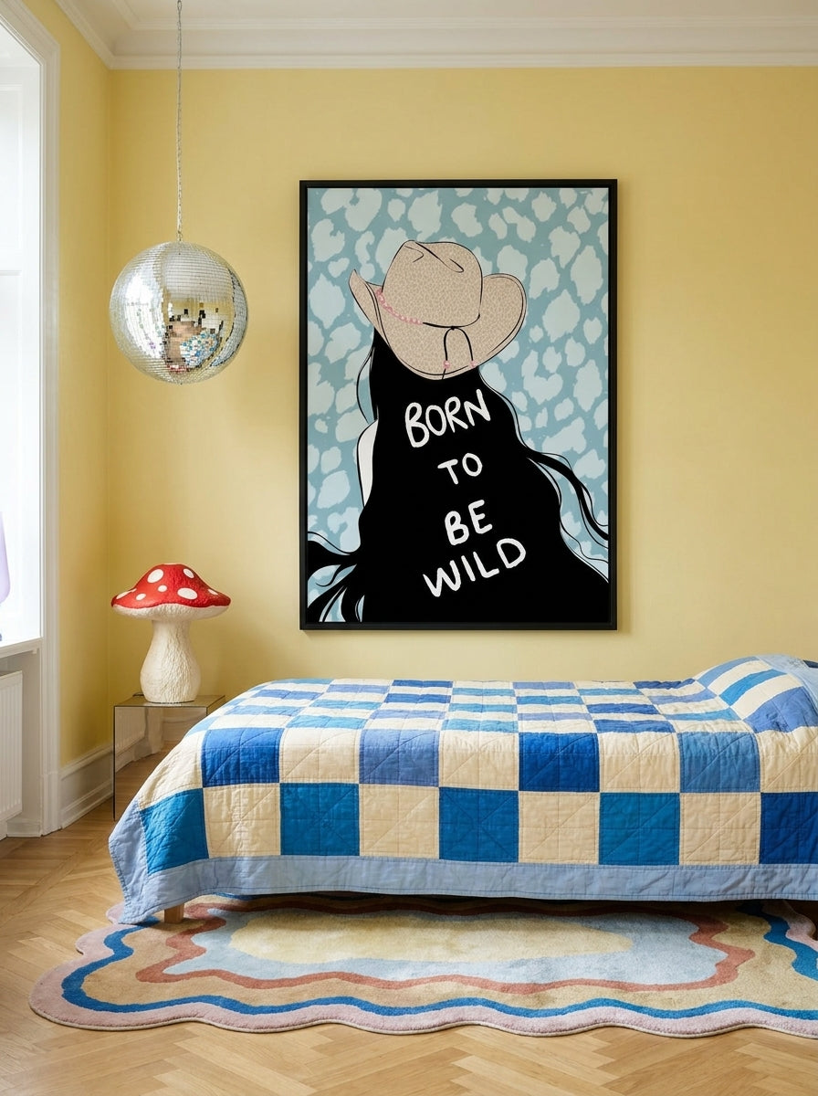 Oversized statement modern wall art print styled on the wall in a colourful eclectic bedroom