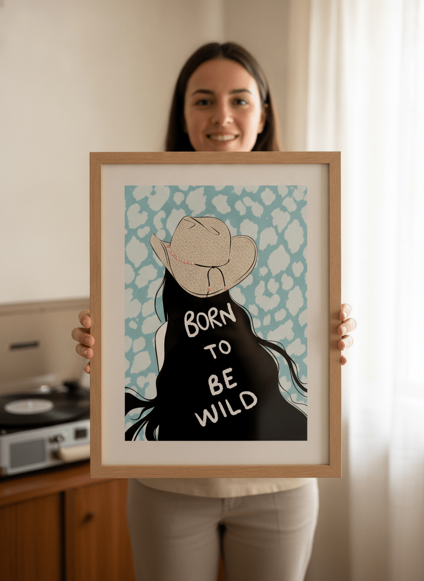 Person holding modern wall art print in a mid-century living room