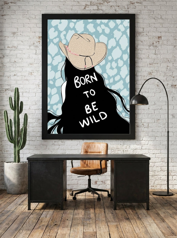 Oversized statement modern wall art print styled on the wall in an industrial loft home office