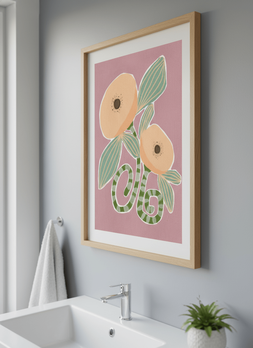 Modern print displayed in a clean minimalist bathroom setting