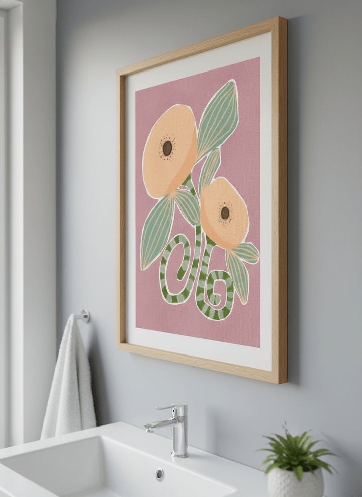 Modern print displayed in a clean minimalist bathroom setting