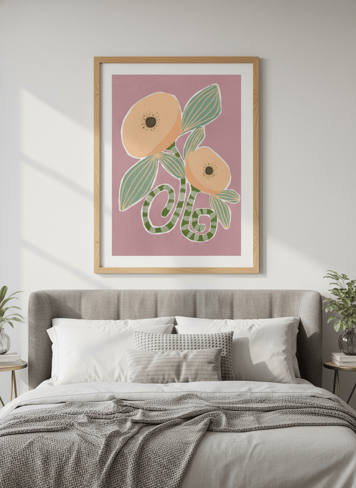 Minimalist artwork displayed in a calm, light-filled bedroom interior