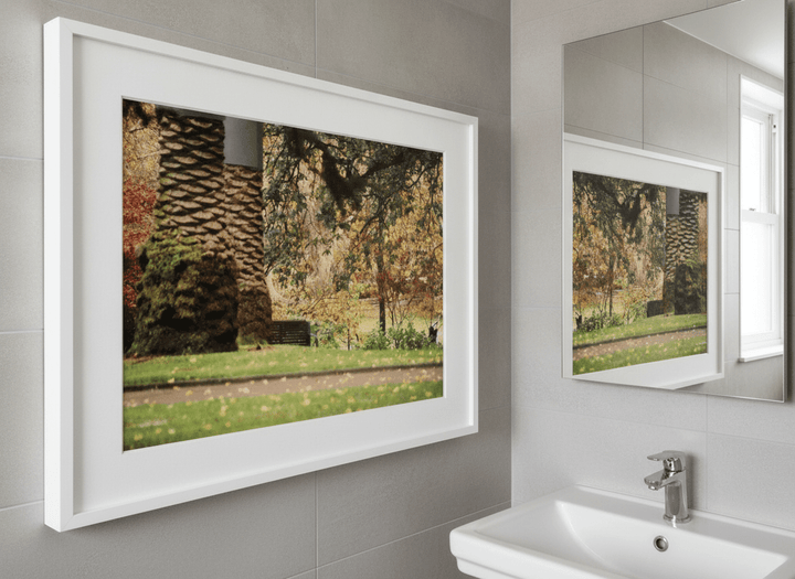 Modern print displayed in a clean minimalist bathroom setting