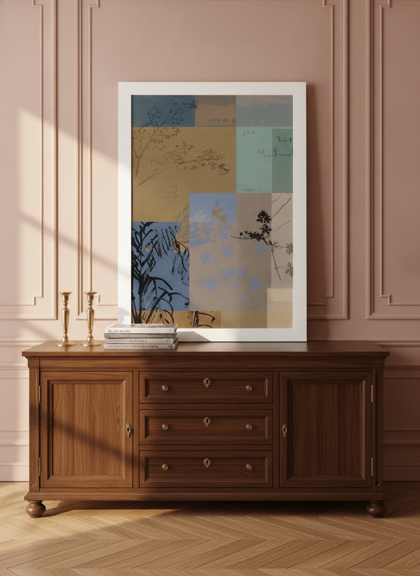 Modern wall art print standing on a sideboard in a Parisian home office