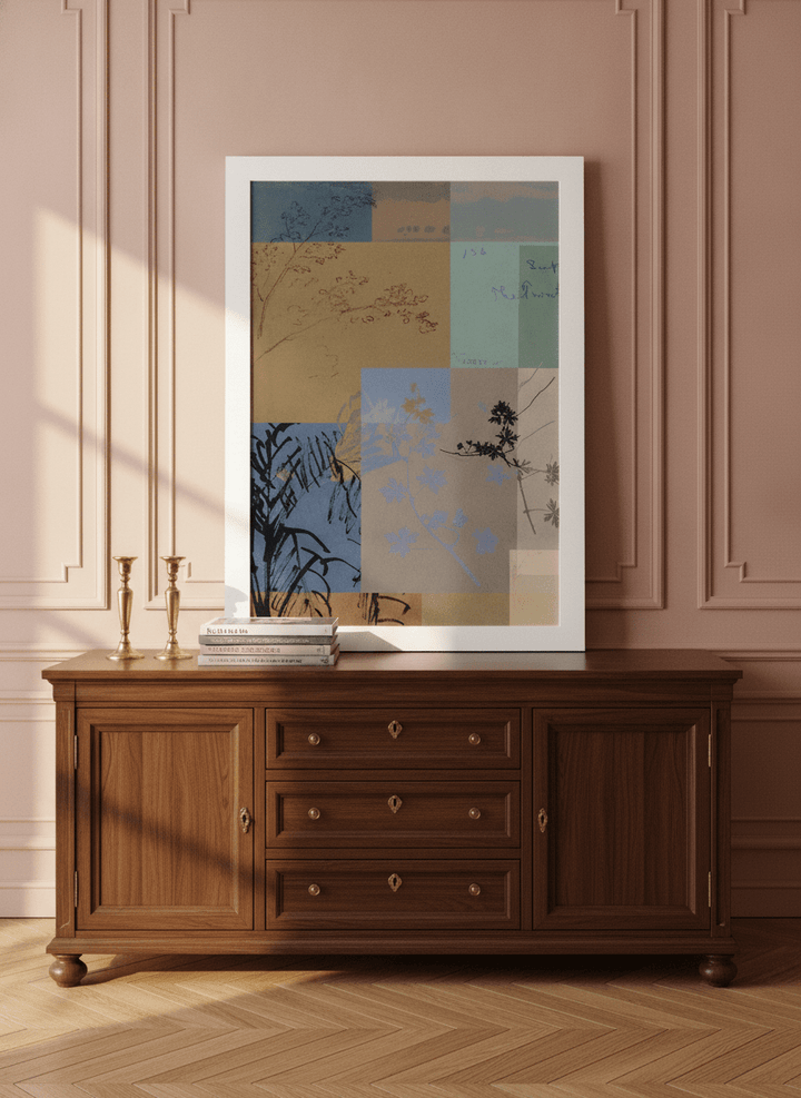 Modern wall art print standing on a sideboard in a Parisian home office