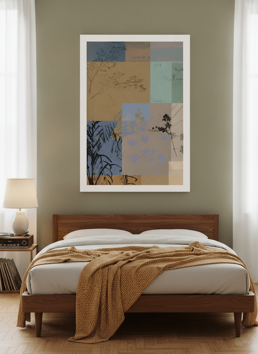 Modern wall art print styled on the wall in a mid-century bedroom