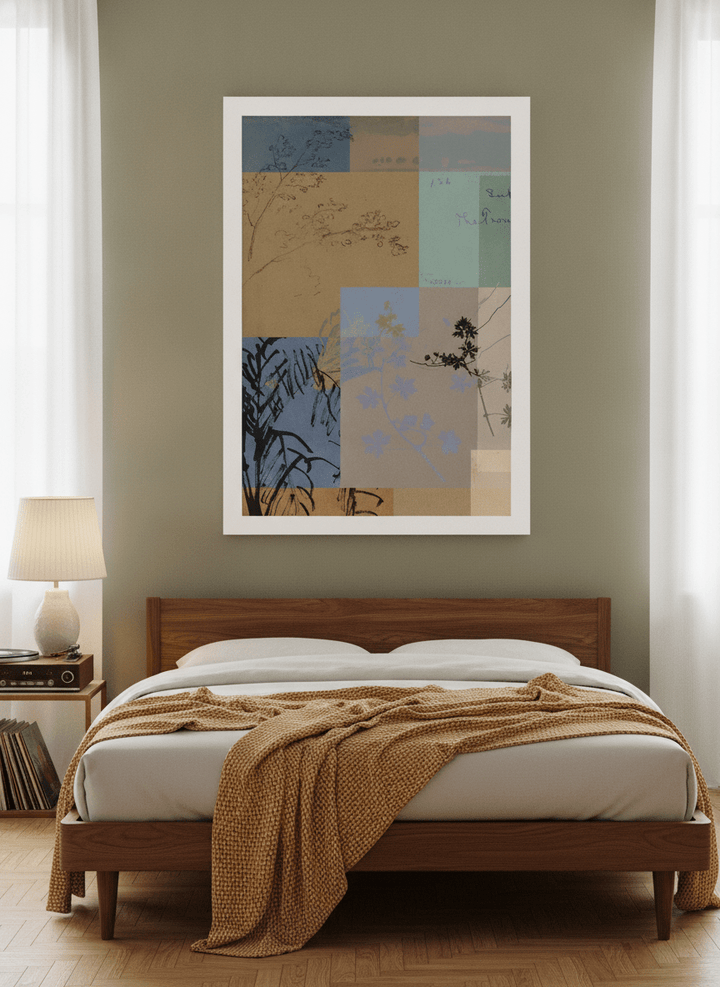 Modern wall art print styled on the wall in a mid-century bedroom