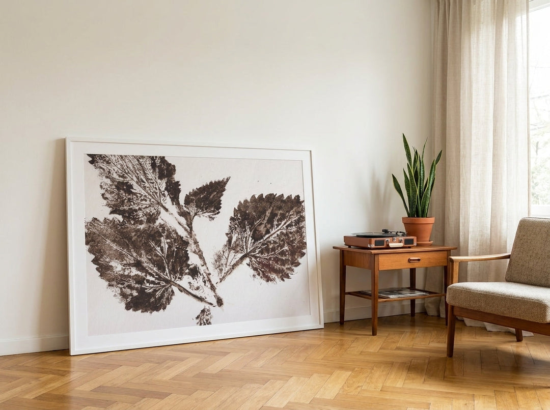 Oversized statement modern wall art print leaning against the wall in a mid-century living room