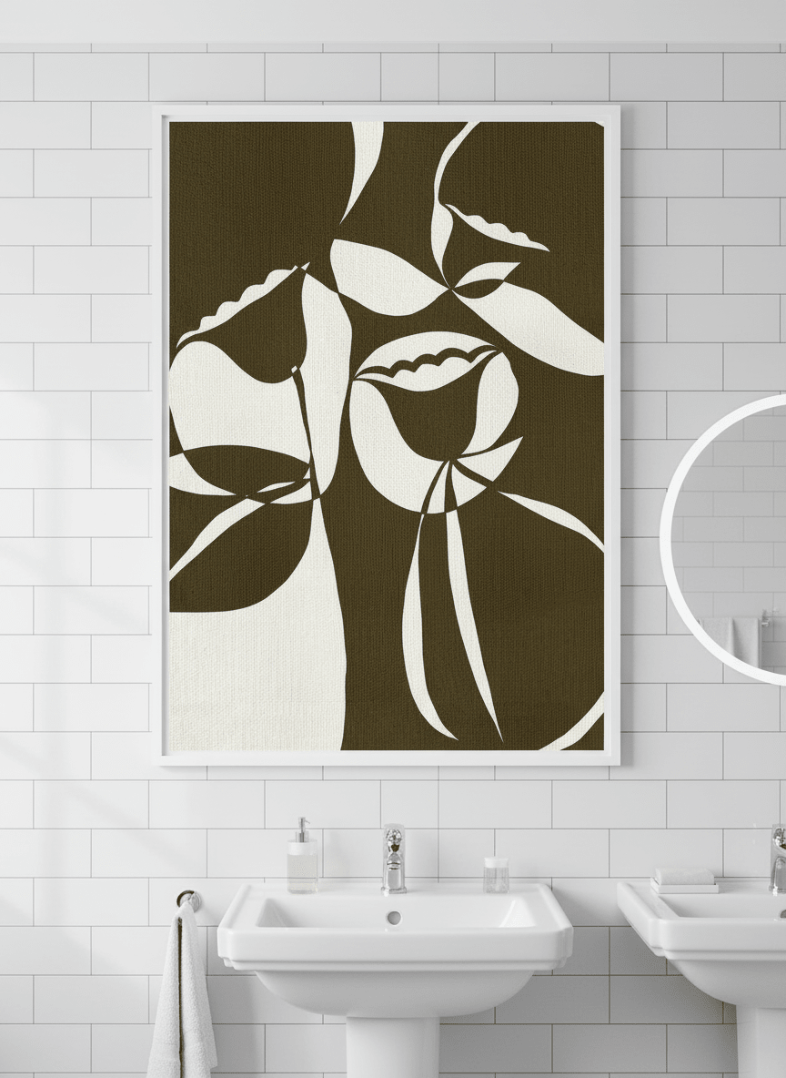 Modern print displayed in a clean minimalist bathroom setting