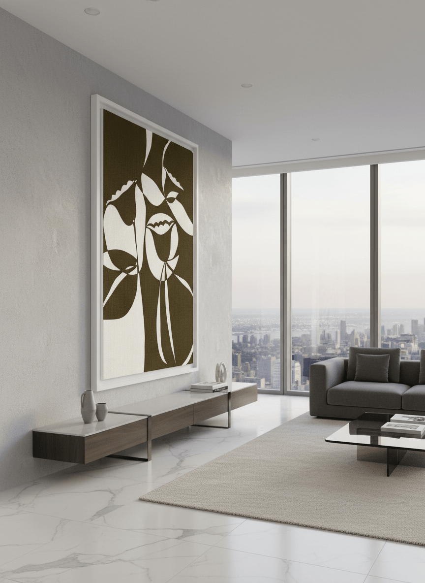 Monumental artwork centred on a feature wall in a luxe interior