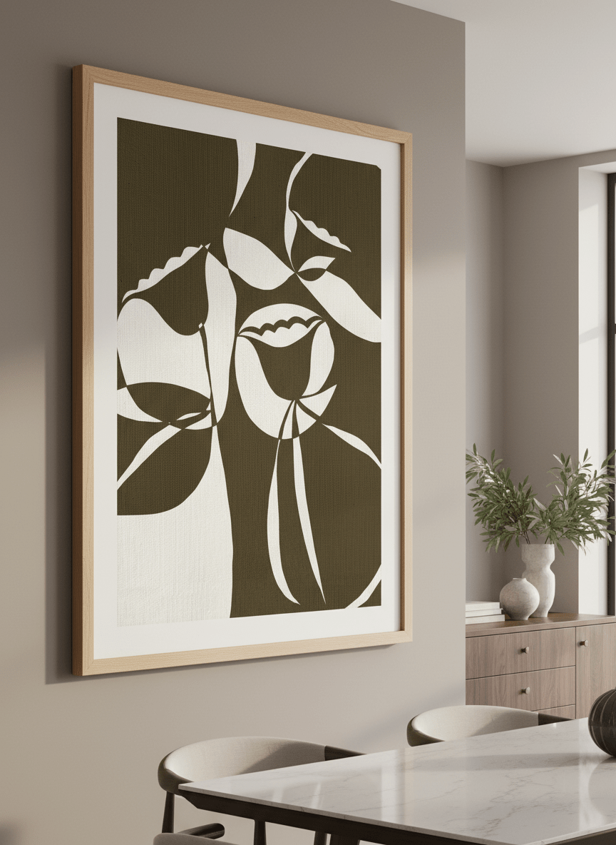 Wall art styled above a dining table in a contemporary home