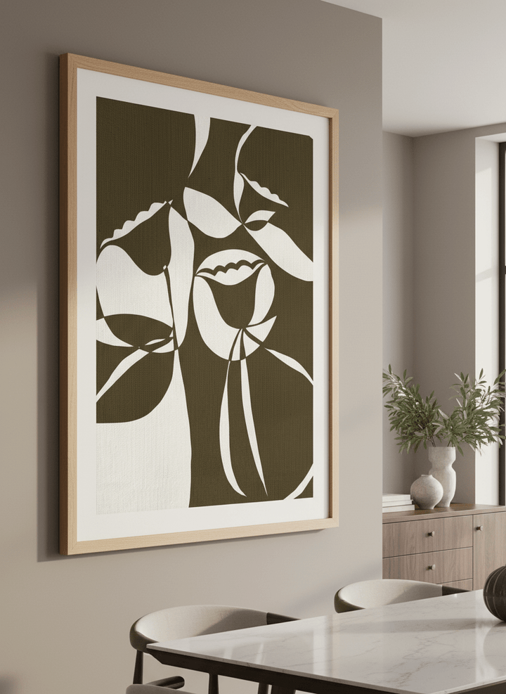 Wall art styled above a dining table in a contemporary home