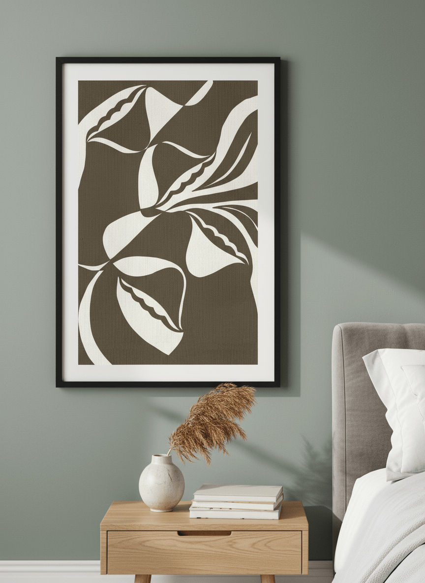 Minimalist artwork displayed in a calm, light-filled bedroom interior