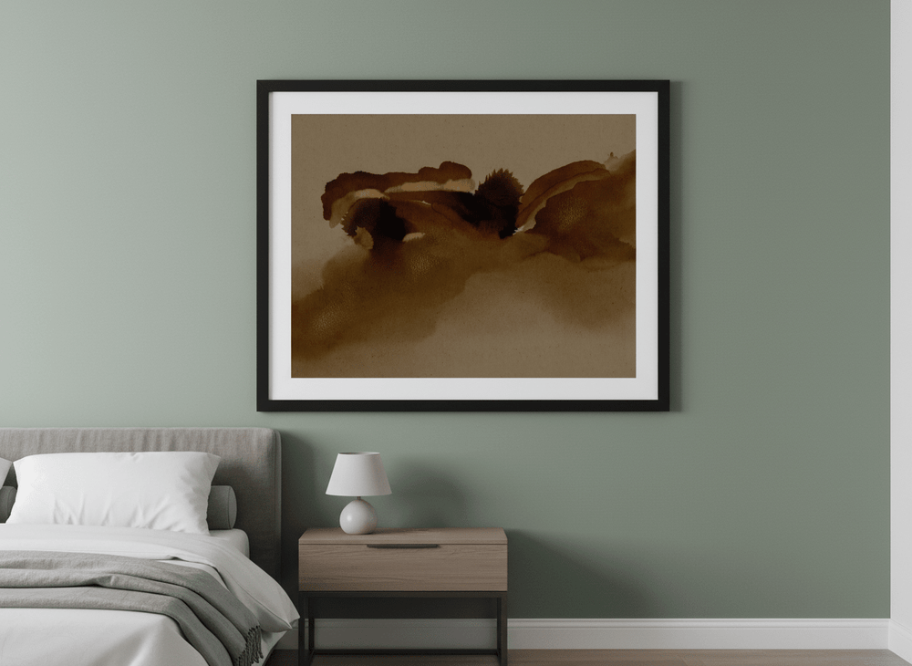 Minimalist artwork displayed in a calm, light-filled bedroom interior