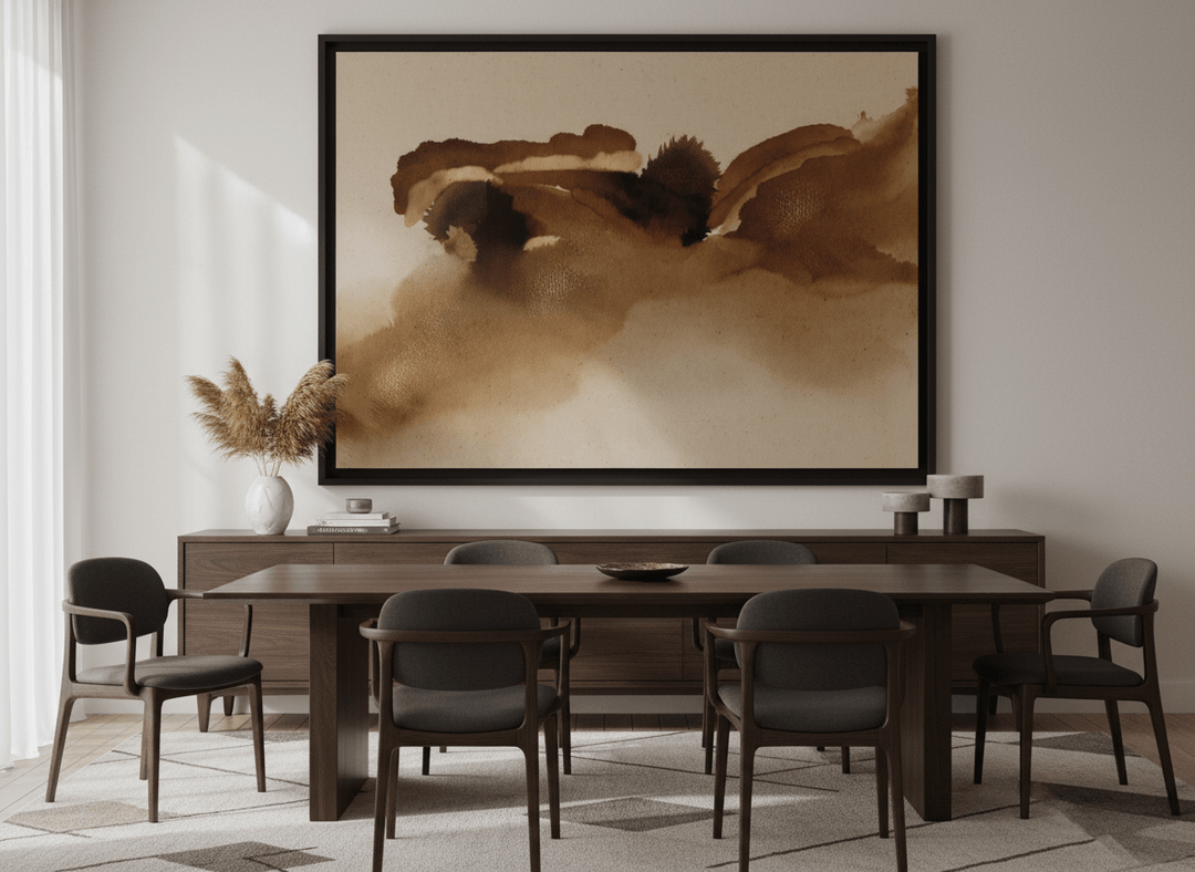 Monumental artwork centred on a feature wall in a luxe interior