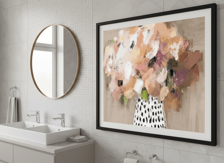 Modern print displayed in a clean minimalist bathroom setting