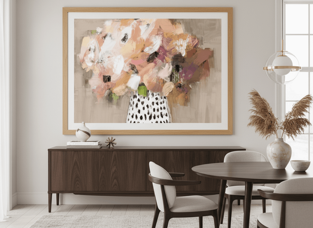 Monumental artwork centred on a feature wall in a luxe interior