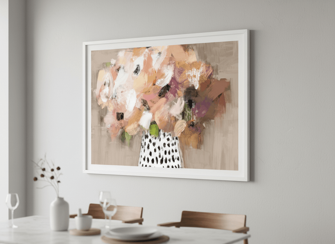 Wall art styled above a dining table in a contemporary home