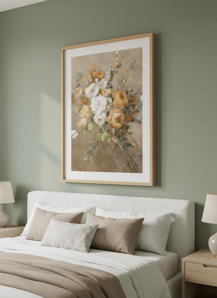 Minimalist artwork displayed in a calm, light-filled bedroom interior